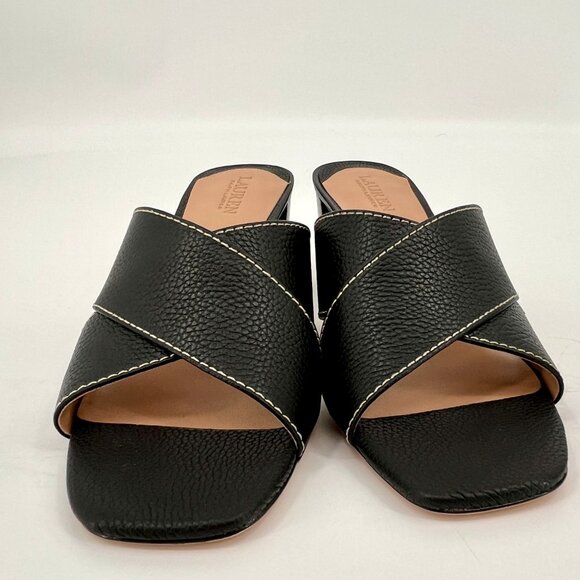 Lauren Ralph Lauren Freddi Black Leather Slip-On Heels Size 8 B Tumbled Leather - Picture 2 of 15